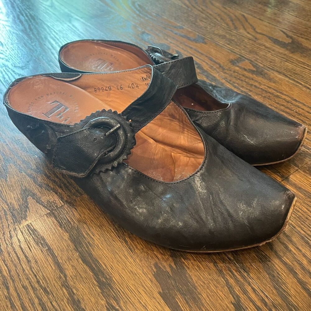 THINK! Black Leather Mary Jane Square Toe Heeled Mules